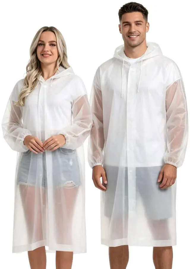 Main image of Rain Coats for Adults, 2 Pack Reusable EVA Rain Ponchos Emergency for Camping Hiking Travelling White