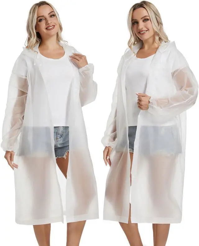 Alt view image 2 of 7 - Rain Coats for Adults, 2 Pack Reusable EVA Rain Ponchos Emergency for Camping Hiking Travelling White