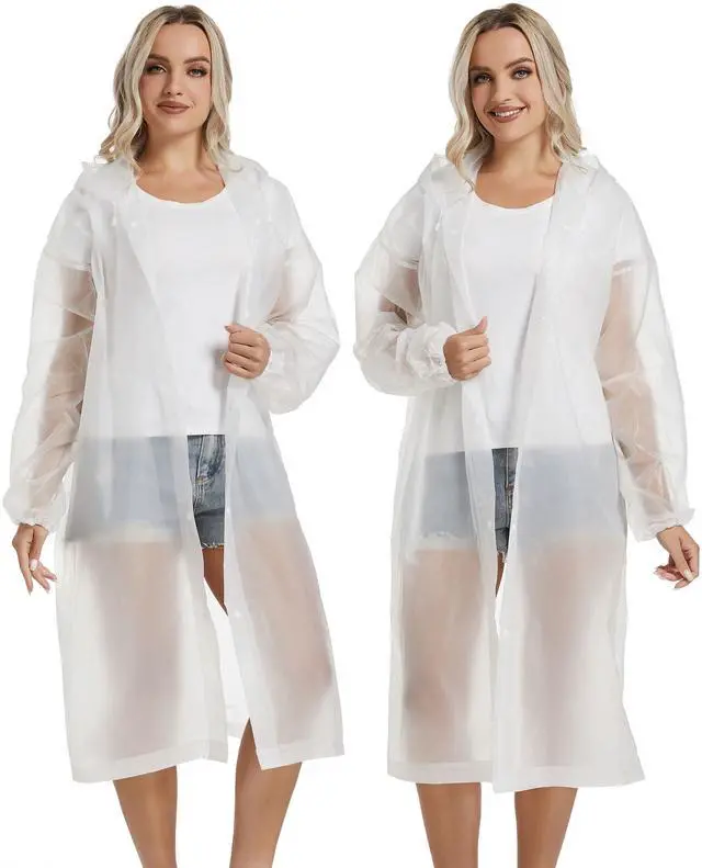 Alt view image 3 of 7 - Rain Coats for Adults, 2 Pack Reusable EVA Rain Ponchos Emergency for Camping Hiking Travelling White