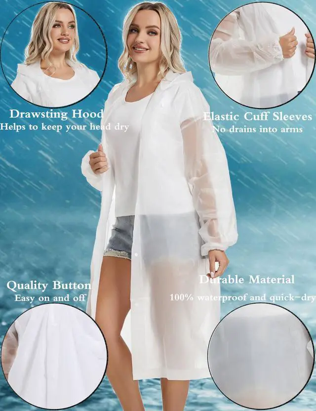 Alt view image 5 of 7 - Rain Coats for Adults, 2 Pack Reusable EVA Rain Ponchos Emergency for Camping Hiking Travelling White