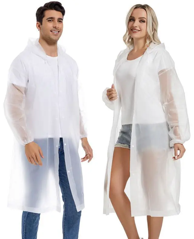 Alt view image 6 of 7 - Rain Coats for Adults, 2 Pack Reusable EVA Rain Ponchos Emergency for Camping Hiking Travelling White