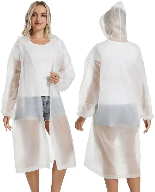 Alt view image 7 of 7 - Rain Coats for Adults, 2 Pack Reusable EVA Rain Ponchos Emergency for Camping Hiking Travelling White