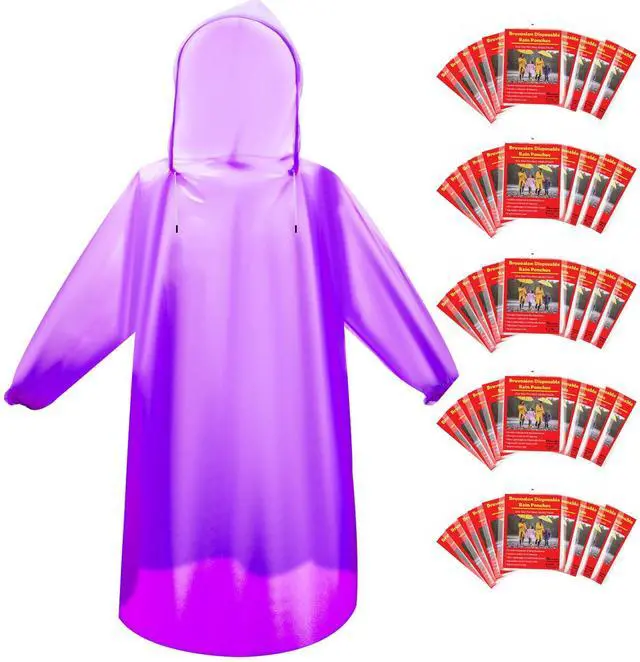 Main image of 6 & 20 & 50 Pack Disposable Rain Ponchos for Adults/Youth, Waterproof PE Raincoats with Drawstring, Camping/Emergency, Purple