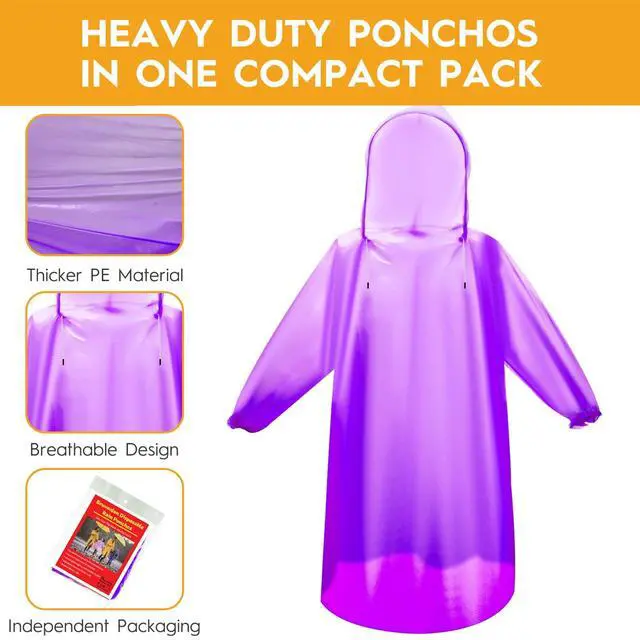 Alt view image 2 of 7 - 6 & 20 & 50 Pack Disposable Rain Ponchos for Adults/Youth, Waterproof PE Raincoats with Drawstring, Camping/Emergency, Purple