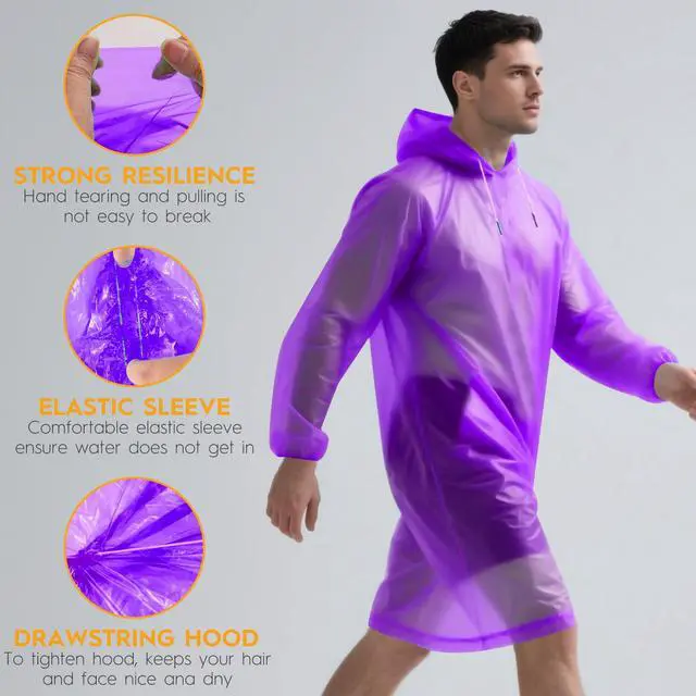 Alt view image 3 of 7 - 6 & 20 & 50 Pack Disposable Rain Ponchos for Adults/Youth, Waterproof PE Raincoats with Drawstring, Camping/Emergency, Purple