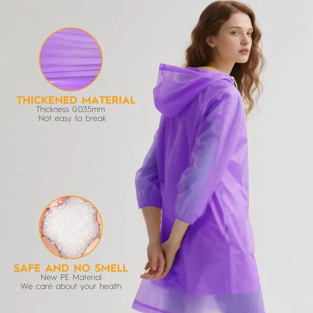 Alt view image 4 of 7 - 6 & 20 & 50 Pack Disposable Rain Ponchos for Adults/Youth, Waterproof PE Raincoats with Drawstring, Camping/Emergency, Purple