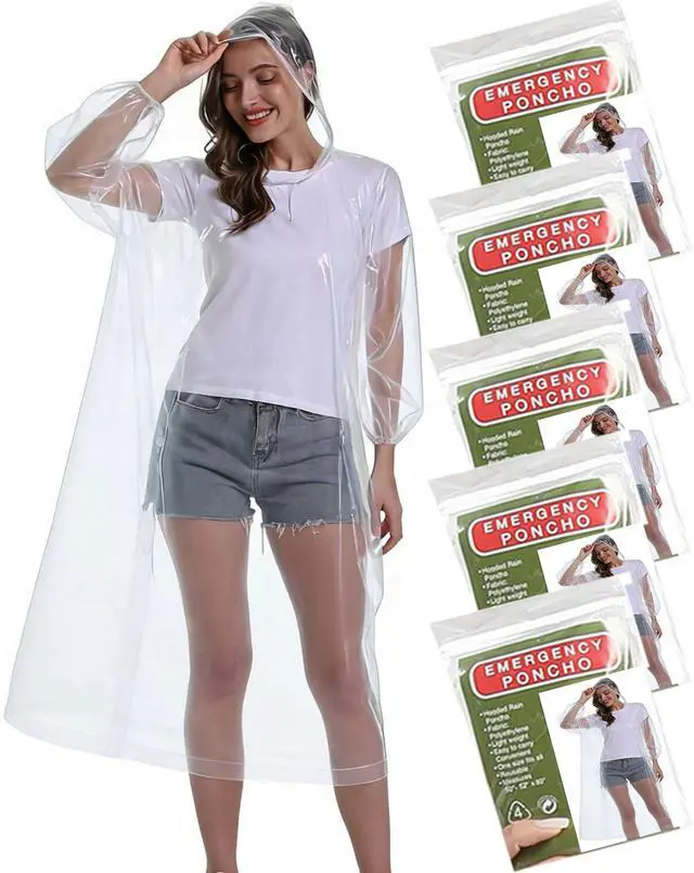 Main image of 5 Pack Rain Ponchos, with Drawstring Hood Emergency Disposable Rain Ponchos Family Pack for Adults