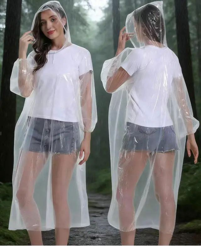 Alt view image 2 of 6 - 5 Pack Rain Ponchos, with Drawstring Hood Emergency Disposable Rain Ponchos Family Pack for Adults