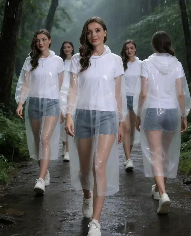 Alt view image 3 of 6 - 5 Pack Rain Ponchos, with Drawstring Hood Emergency Disposable Rain Ponchos Family Pack for Adults