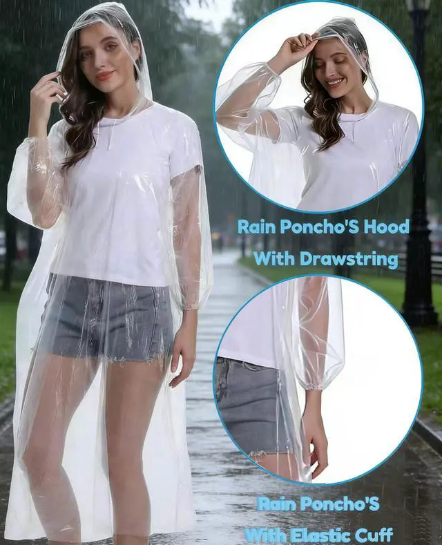 Alt view image 4 of 6 - 5 Pack Rain Ponchos, with Drawstring Hood Emergency Disposable Rain Ponchos Family Pack for Adults