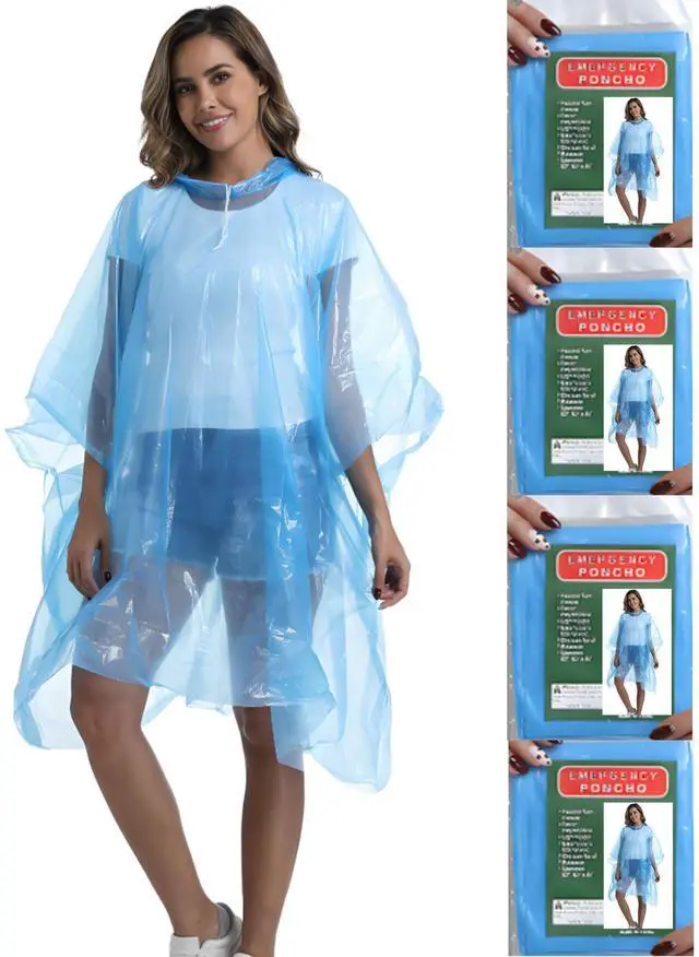 Main image of 4 Pack Disposable Rain Ponchos for Adults - Emergency Rain Poncho for Camping Hiking Travelling Blue
