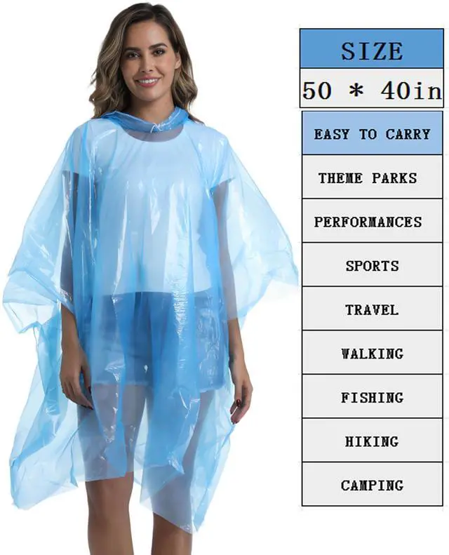 Alt view image 7 of 7 - 4 Pack Disposable Rain Ponchos for Adults - Emergency Rain Poncho for Camping Hiking Travelling Blue