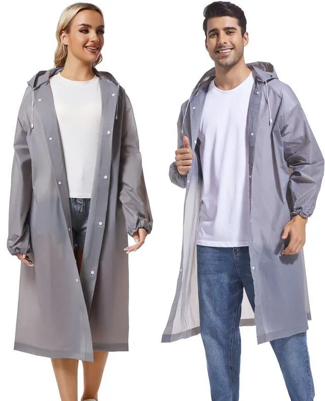 Alt view image 3 of 7 - Rain Coats for Adults, 2 Pack Reusable EVA Rain Ponchos Emergency for Camping Hiking Travelling Grey
