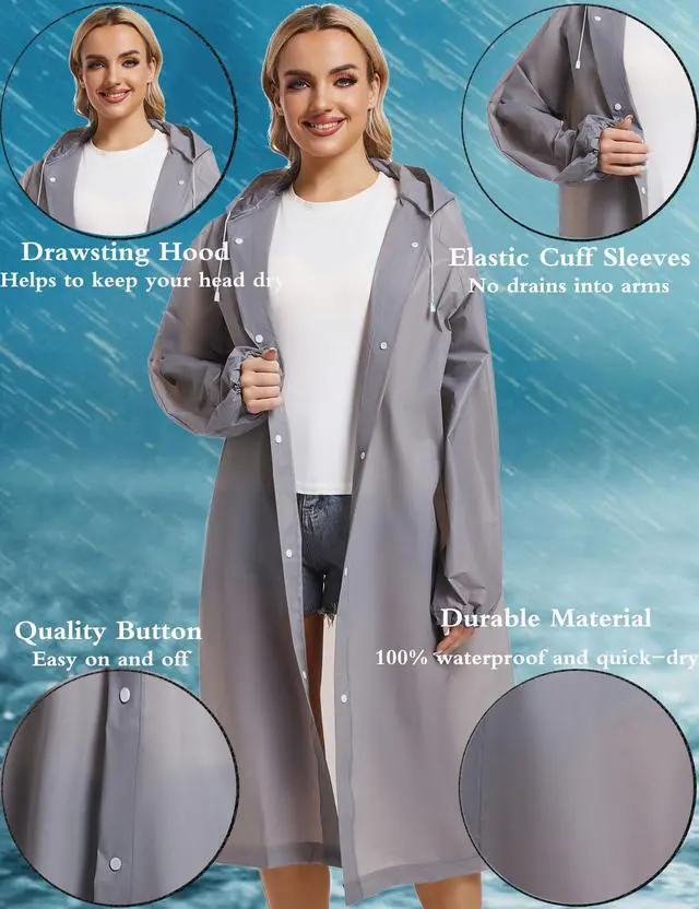 Alt view image 4 of 7 - Rain Coats for Adults, 2 Pack Reusable EVA Rain Ponchos Emergency for Camping Hiking Travelling Grey