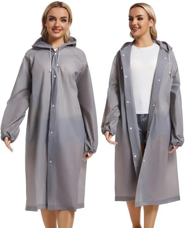 Alt view image 7 of 7 - Rain Coats for Adults, 2 Pack Reusable EVA Rain Ponchos Emergency for Camping Hiking Travelling Grey