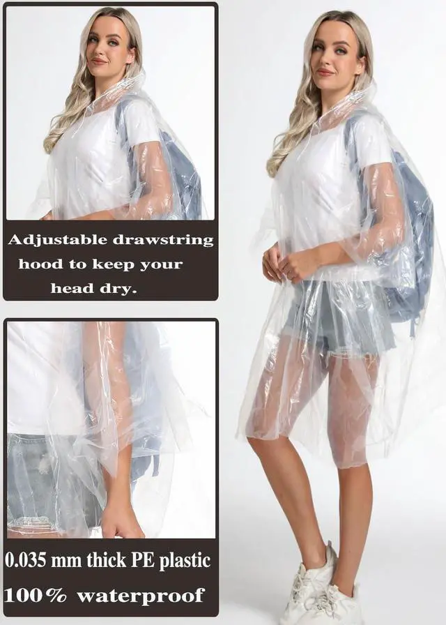 Alt view image 7 of 7 - Disposable Adults Clear Rain Ponchos,Emergency Transparent Waterproof Raincoats Outdoor Rain Jackets 6 Pcs