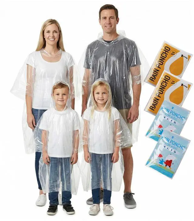 Main image of Disposable Rain Ponchos for Adults, 4 Pack Family Pack Clear Emergency Hooded Raincoat for Travel Camping