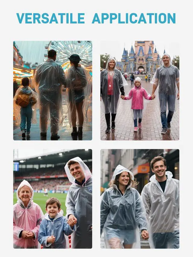 Alt view image 6 of 6 - Disposable Rain Ponchos for Adults, 4 Pack Family Pack Clear Emergency Hooded Raincoat for Travel Camping