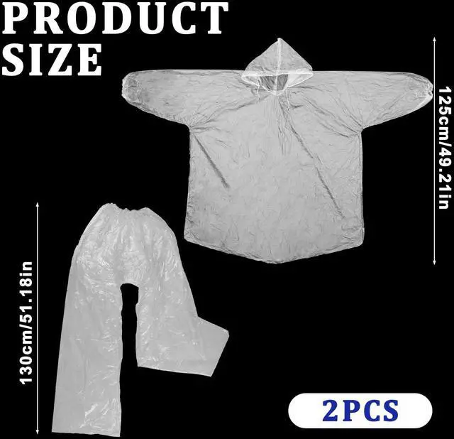 Alt view image 2 of 7 - 2 Pack Raincoat Set Disposable, Disposable Rain Ponchos for Adults, Adult Rain Ponchos with Drawstring Hood for Men and Women Outdoor (White)