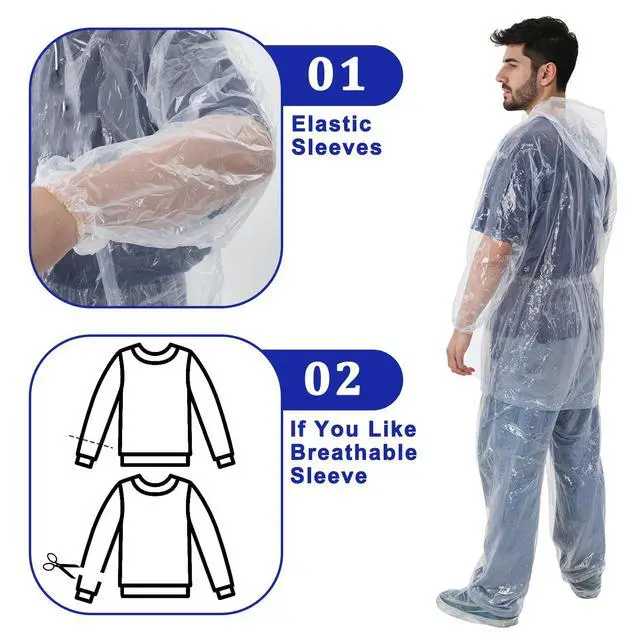 Alt view image 3 of 7 - 2 Pack Raincoat Set Disposable, Disposable Rain Ponchos for Adults, Adult Rain Ponchos with Drawstring Hood for Men and Women Outdoor (White)