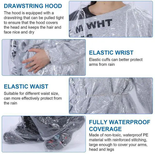 Alt view image 4 of 7 - 2 Pcs Disposable Rain Ponchos for Adults, Plus Size Waterproof Rain Suit Rain Coats Adult Rain Ponchos Emergency Waterproof Rainpants Suit with Hood for Camping Hiking