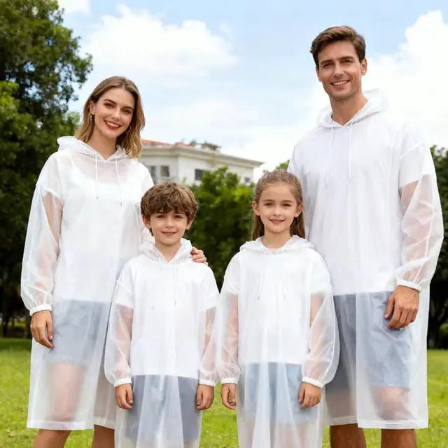Alt view image 2 of 7 - Disposable Rain Ponchos for Adults, 5Pcs Card-Sized Emergency Ponchos with Hood Clear Ponchos Family Pack for Travel, Waterproof PE Raincoats with 10Pcs Shoe Toe Sticker for Women, Men, Kids