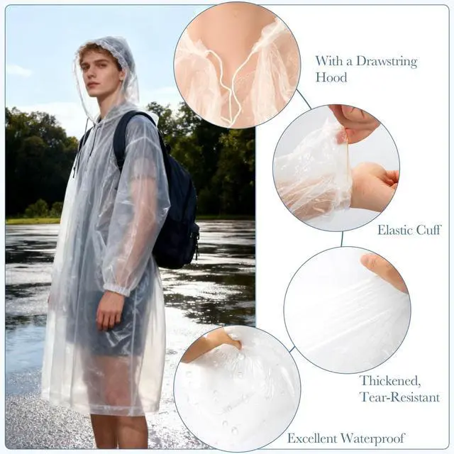 Alt view image 4 of 7 - Disposable Rain Ponchos for Adults, 5Pcs Card-Sized Emergency Ponchos with Hood Clear Ponchos Family Pack for Travel, Waterproof PE Raincoats with 10Pcs Shoe Toe Sticker for Women, Men, Kids