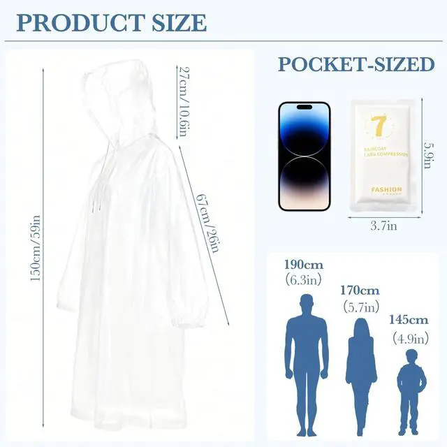 Alt view image 5 of 7 - Disposable Rain Ponchos for Adults, 5Pcs Card-Sized Emergency Ponchos with Hood Clear Ponchos Family Pack for Travel, Waterproof PE Raincoats with 10Pcs Shoe Toe Sticker for Women, Men, Kids