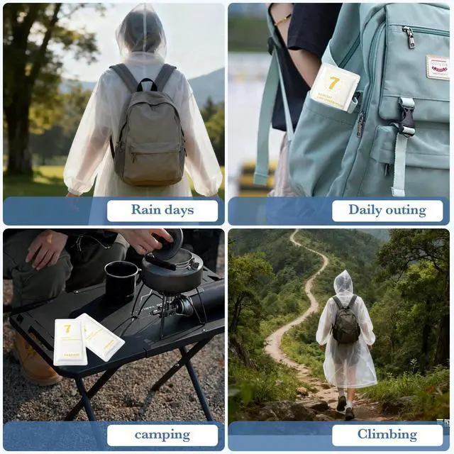Alt view image 7 of 7 - Disposable Rain Ponchos for Adults, 5Pcs Card-Sized Emergency Ponchos with Hood Clear Ponchos Family Pack for Travel, Waterproof PE Raincoats with 10Pcs Shoe Toe Sticker for Women, Men, Kids