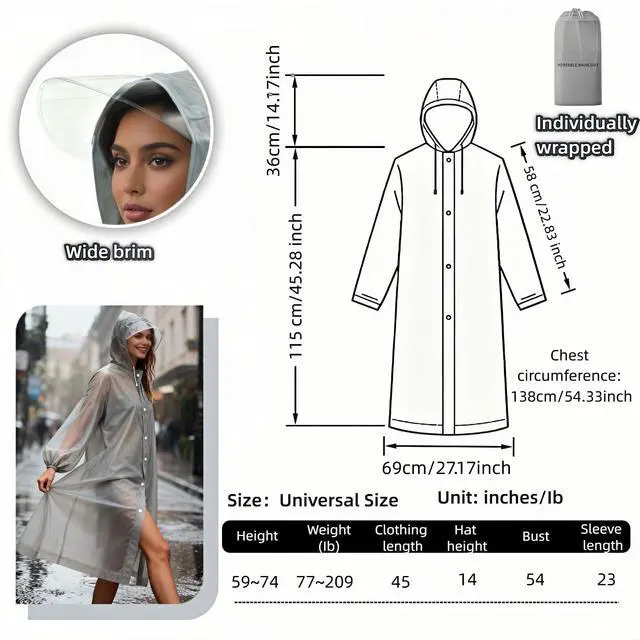 Alt view image 2 of 7 - Portable Raincoat with Hood, Gray EVA Waterproof Rain Poncho for Adults, Reusable Travel Rain Coat with Elastic Cuffs and Drawstring, Universal Size