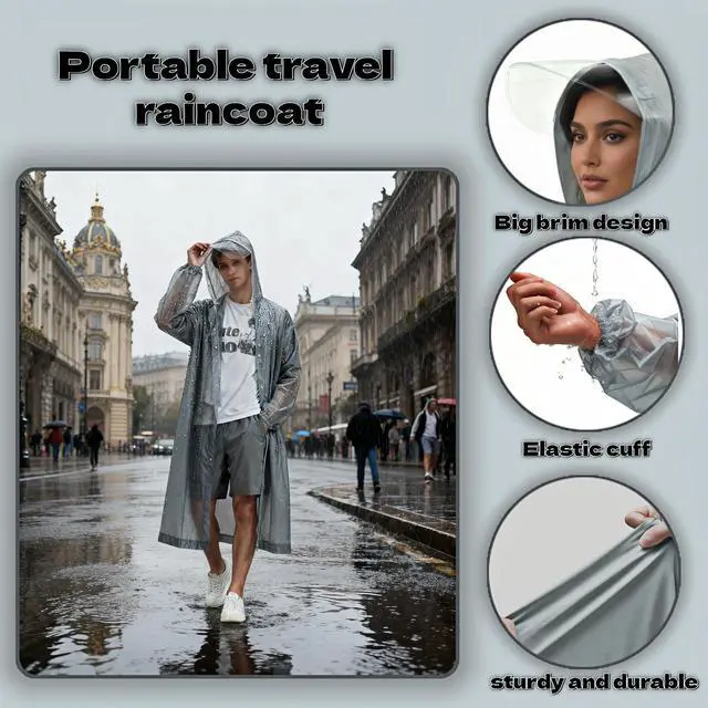 Alt view image 3 of 7 - Portable Raincoat with Hood, Gray EVA Waterproof Rain Poncho for Adults, Reusable Travel Rain Coat with Elastic Cuffs and Drawstring, Universal Size