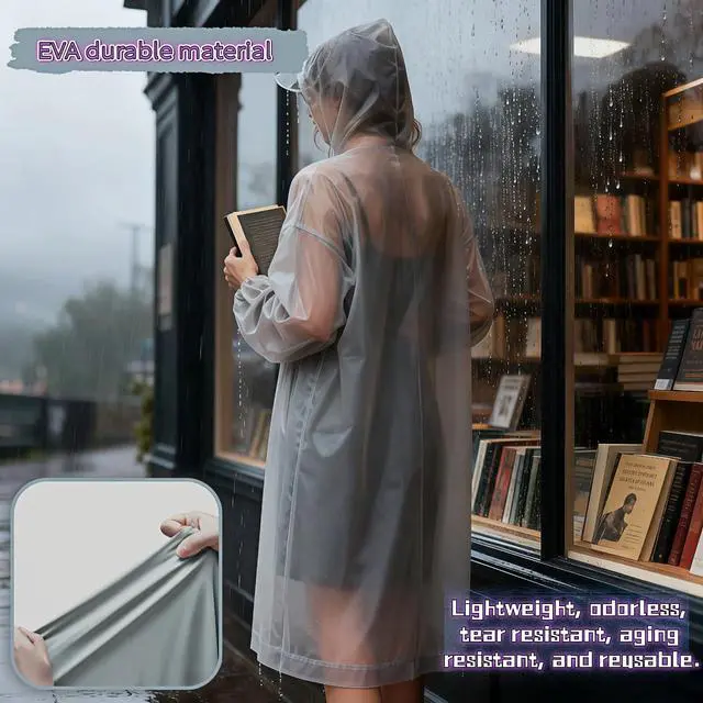 Alt view image 4 of 7 - Portable Raincoat with Hood, Gray EVA Waterproof Rain Poncho for Adults, Reusable Travel Rain Coat with Elastic Cuffs and Drawstring, Universal Size