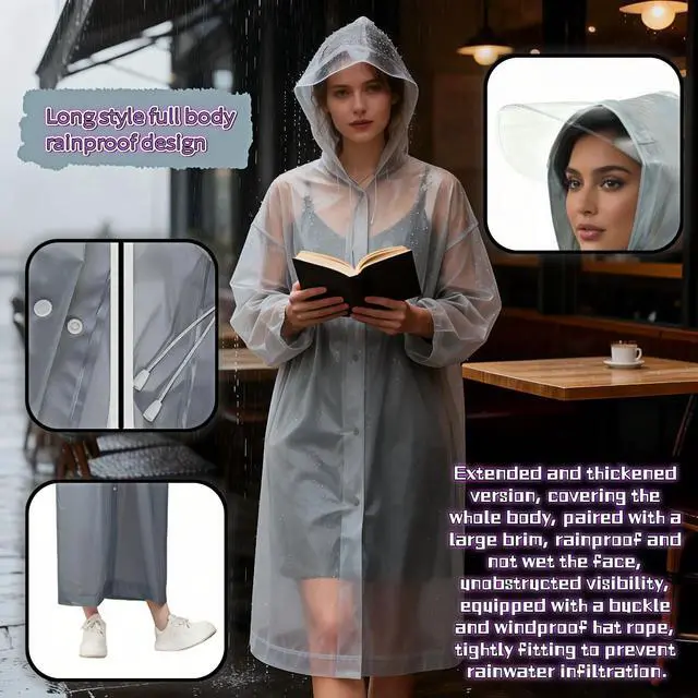 Alt view image 6 of 7 - Portable Raincoat with Hood, Gray EVA Waterproof Rain Poncho for Adults, Reusable Travel Rain Coat with Elastic Cuffs and Drawstring, Universal Size