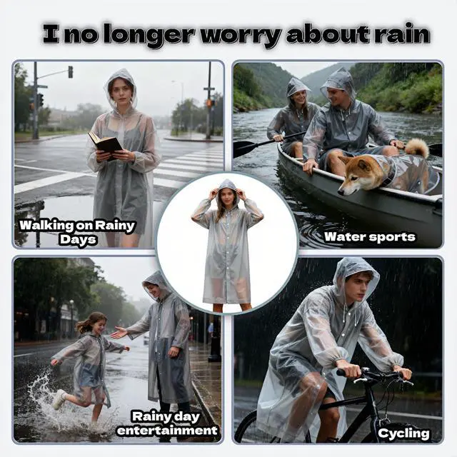 Alt view image 7 of 7 - Portable Raincoat with Hood, Gray EVA Waterproof Rain Poncho for Adults, Reusable Travel Rain Coat with Elastic Cuffs and Drawstring, Universal Size