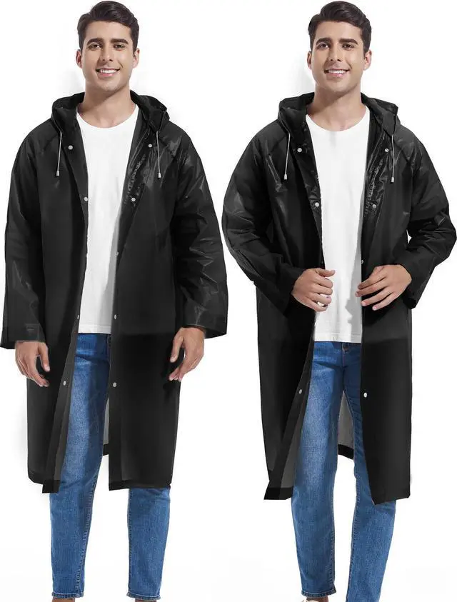 Main image of 2-Pack Reusable Rain Ponchos for Adults, HOOMBOOM Raincoats Emergency for Women/Men with Drawstring and Sleeves Black