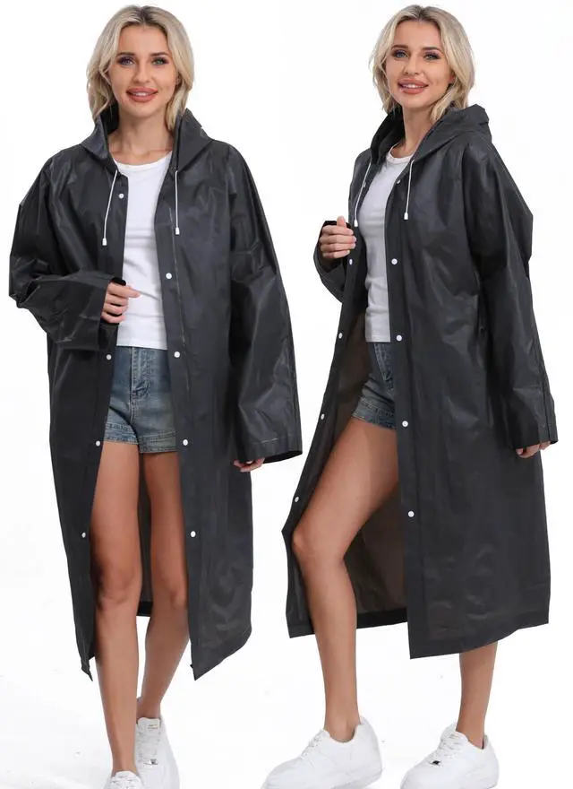 Alt view image 2 of 7 - 2-Pack Reusable Rain Ponchos for Adults, HOOMBOOM Raincoats Emergency for Women/Men with Drawstring and Sleeves Black