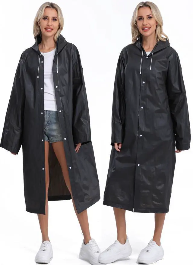 Alt view image 6 of 7 - 2-Pack Reusable Rain Ponchos for Adults, HOOMBOOM Raincoats Emergency for Women/Men with Drawstring and Sleeves Black