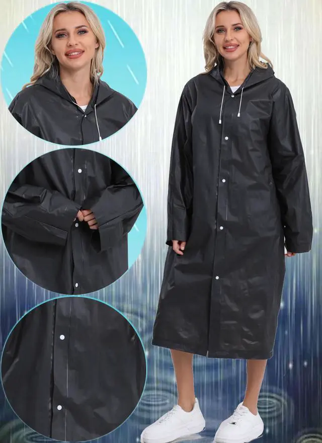 Alt view image 4 of 7 - 2-Pack Reusable Rain Ponchos for Adults, HOOMBOOM Raincoats Emergency for Women/Men with Drawstring and Sleeves Black