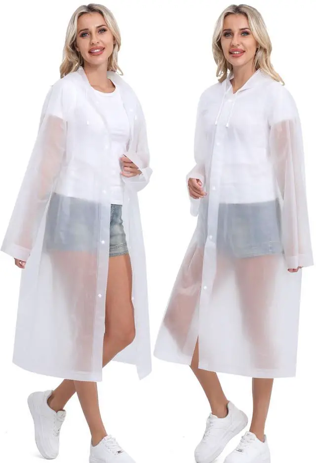 Alt view image 5 of 7 - Rain Ponchos for Adults Reusable 2Pcs Raincoats Emergency Survival With Hoods And Sleeves for Women Men White