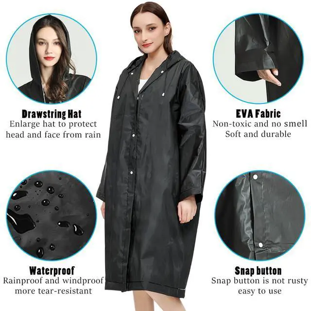 Alt view image 4 of 6 - Reusable Adults Rain Ponchos, 2 Pcs EVA Portable Raincoats for Women Men with Hood for Disney Outdoor (2Pcs-black)