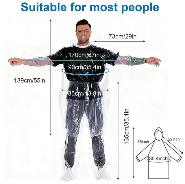 Alt view image 2 of 7 - 2 Pcs Disposable Rain Ponchos for Adults, Plus Size Waterproof Rain Suit Rain Coats Emergency Waterproof Rainpants Suit with Hood for Camping Hiking