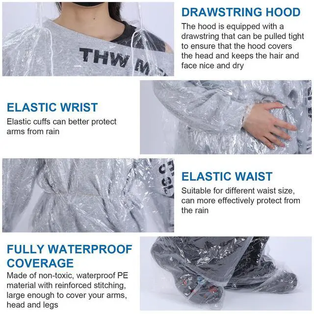 Alt view image 3 of 7 - 2 Pcs Disposable Rain Ponchos for Adults, Plus Size Waterproof Rain Suit Rain Coats Emergency Waterproof Rainpants Suit with Hood for Camping Hiking