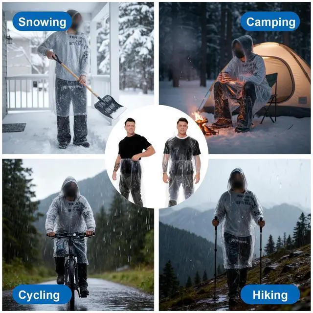 Alt view image 7 of 7 - 2 Pcs Disposable Rain Ponchos for Adults, Plus Size Waterproof Rain Suit Rain Coats Emergency Waterproof Rainpants Suit with Hood for Camping Hiking