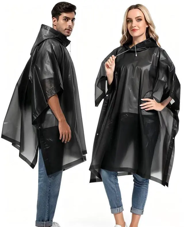 Main image of Unisex Reusable Rain Ponchos 2 Packs for Adults Waterproof - Emergency Rain Coat for Theme Park, Hiking, Camping or Traveling, Black