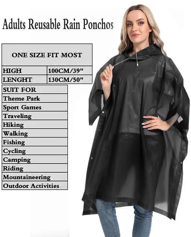 Alt view image 3 of 6 - Unisex Reusable Rain Ponchos 2 Packs for Adults Waterproof - Emergency Rain Coat for Theme Park, Hiking, Camping or Traveling, Black