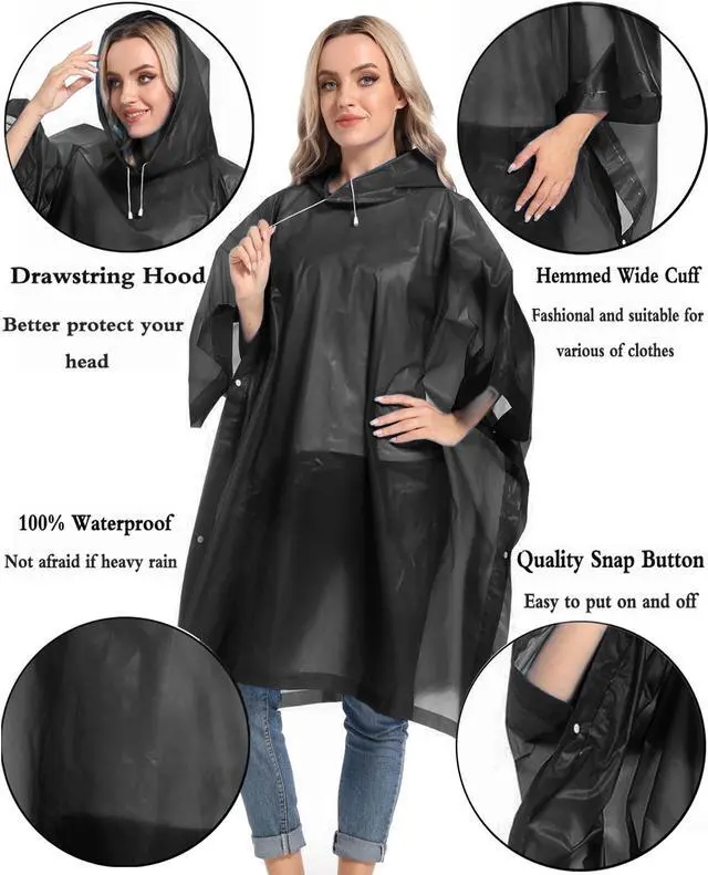 Alt view image 4 of 6 - Unisex Reusable Rain Ponchos 2 Packs for Adults Waterproof - Emergency Rain Coat for Theme Park, Hiking, Camping or Traveling, Black