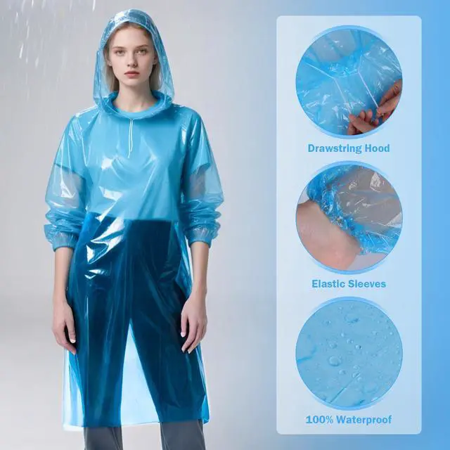 Alt view image 2 of 7 - 4 Pack Rain Ponchos for Adults - Emergency Rain Poncho with Hood, Colorful Ponchos Family Pack for Outdoor, Theme Park Essentials, Hiking - Clear/Red/Yellow/Blue