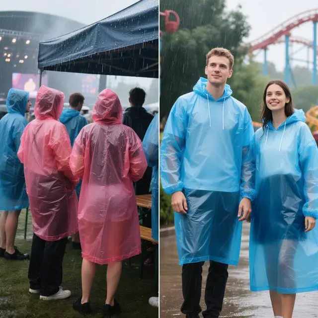 Alt view image 5 of 7 - 4 Pack Rain Ponchos for Adults - Emergency Rain Poncho with Hood, Colorful Ponchos Family Pack for Outdoor, Theme Park Essentials, Hiking - Clear/Red/Yellow/Blue