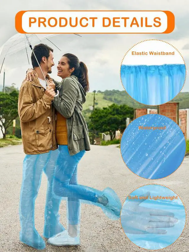 Alt view image 3 of 6 - Rain Pants,4PCS Disposable Rain Pants With Shoe Cover,Disposable Raincoat With Connected Feet, Men and Women Waterproof Rain Ponchos for Adults (Blue+Transprant)