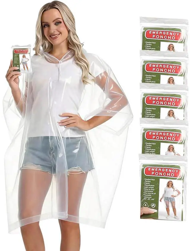 Main image of 5 Pack Disposable Rain Ponchos, with Drawstring Hood Emergency Rain Ponchos Family Pack for Adults
